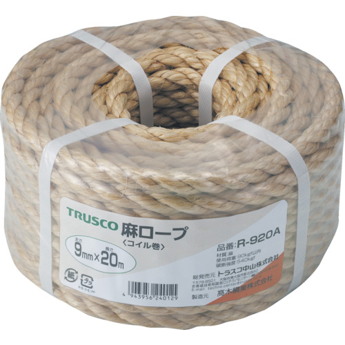 【TRUSCO】ＴＲＵＳＣＯ　麻ロープ　３つ打　線径９ｍｍＸ長さ２０ｍ